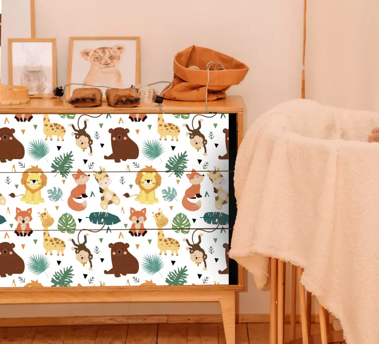 Cute wild animals with leaves furniture decal - TenStickers