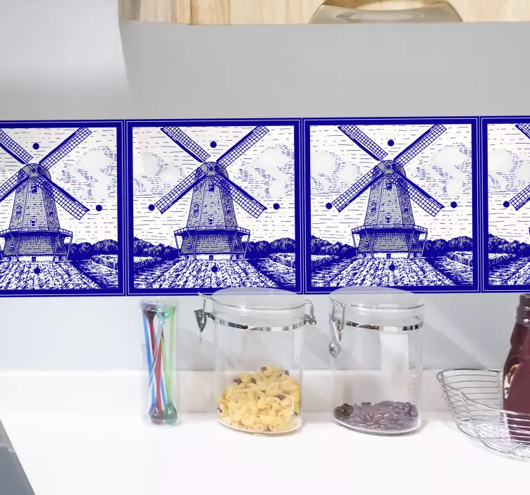 Blue delft windmill pattern kitchen tile sticker - TenStickers