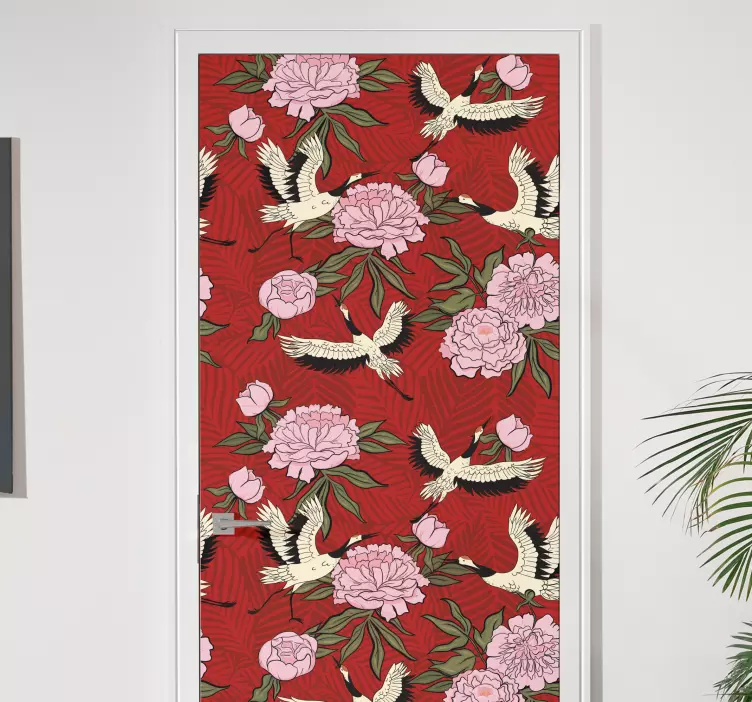 Floral Crane Pattern door sticker - TenStickers