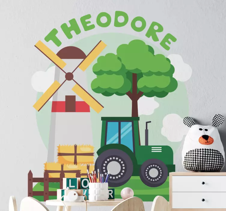 Green tractor with hill and clouds toy sticker - TenStickers