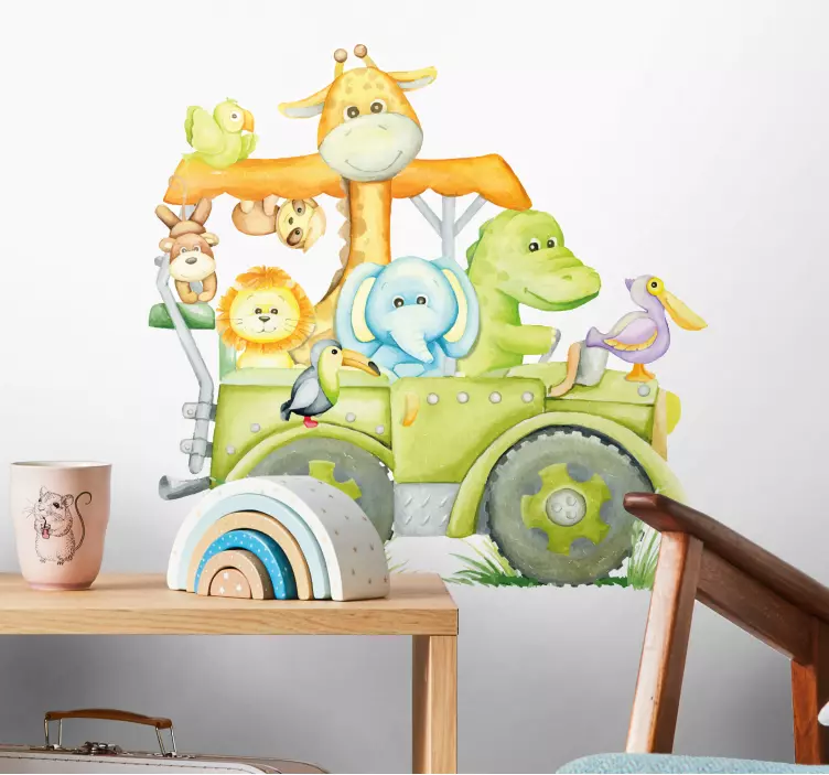 Jungle animals riding jeep wall sticker - TenStickers