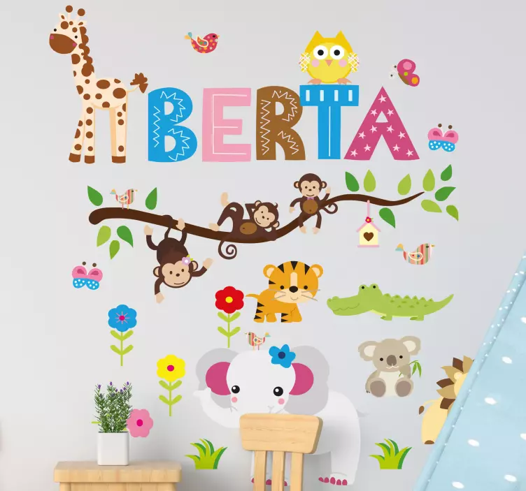 Jungle tree with name wild animal decal - TenStickers