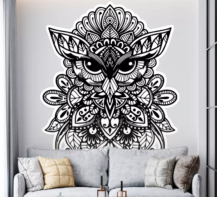 Mandala black half owl bird wall  decal - TenStickers