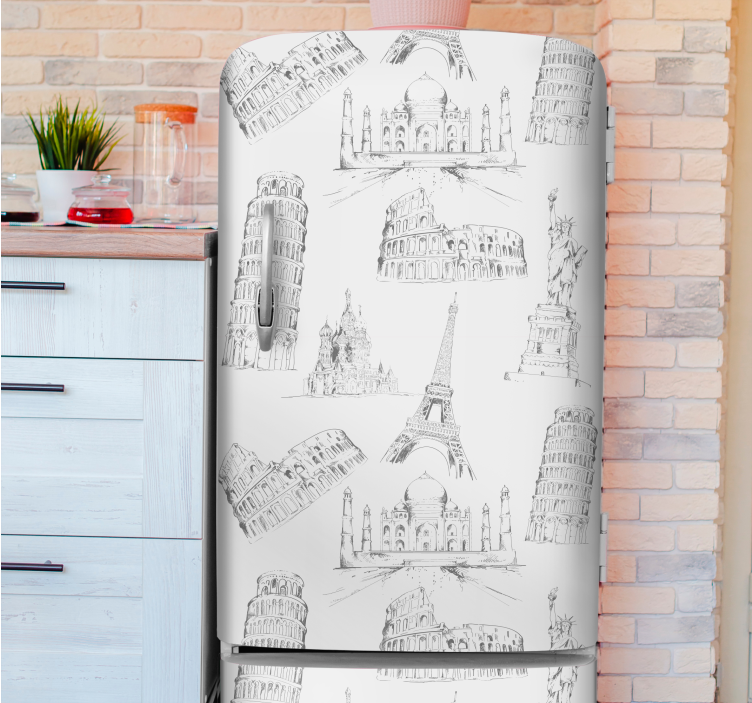 Most famous monuments pattern fridge sticker - TenStickers