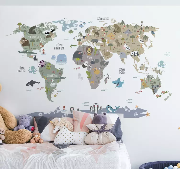 pastel shaded animals children's map wall decal - TenStickers