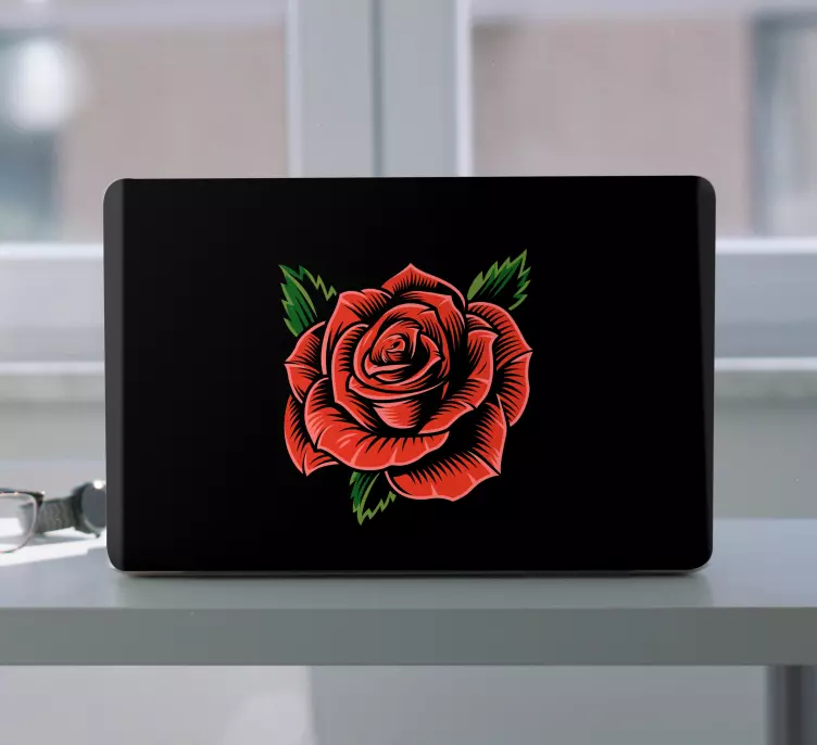 Red rose on black laptop skin - TenStickers