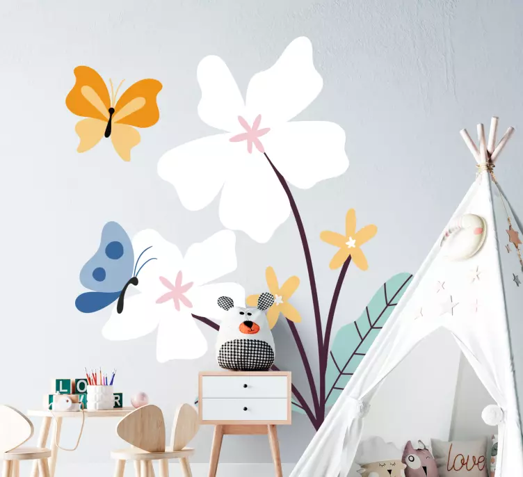 Two white flowers with butterflies wall sticker - TenStickers