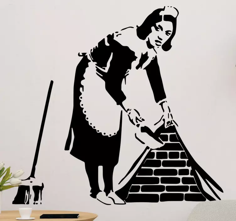 woman cleaning banksy art sticker - TenStickers