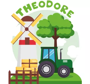 Green tractor with hill and clouds name toy decal - TenStickers