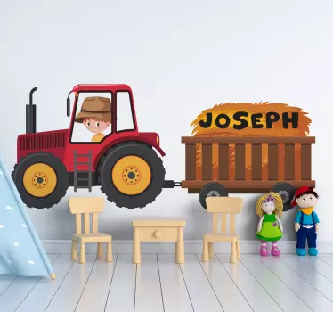Red tractor with name boy toy decal - TenStickers