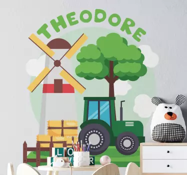 Green tractor with hill and clouds name toy decal - TenStickers