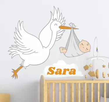 Stork with baby and name baby wall sticker - TenStickers