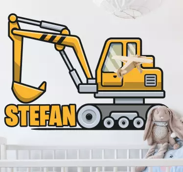 Yellow cartoon excavator with name illustration wall art - TenStickers