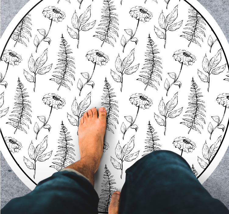 Floral Black Outline circular vinyl carpet - TenStickers