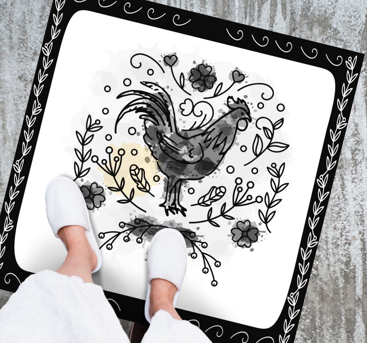 Black floral rooster animal vinyl carpet - TenStickers