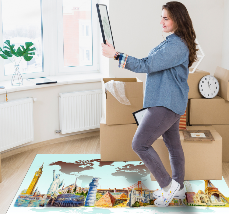 Colorful Landmarks Collage world map vinyl carpet - TenStickers