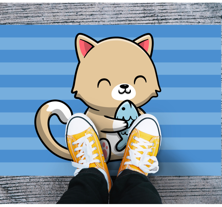 Cute cat with fish animal vinyl carpet - TenStickers