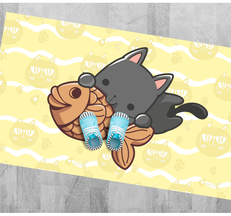Baby cat eating fish animal vinyl carpet - TenStickers