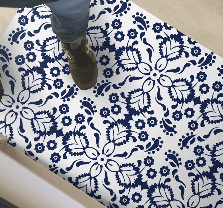 Blue and white floral design tile vinyl carpet - TenStickers