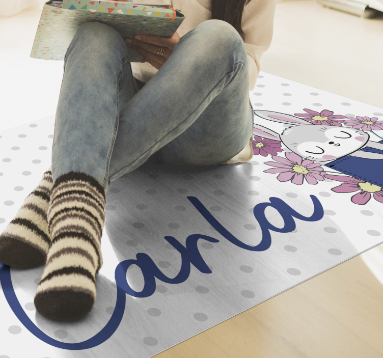 Grey bunny with name kids vinyl carpet - TenStickers