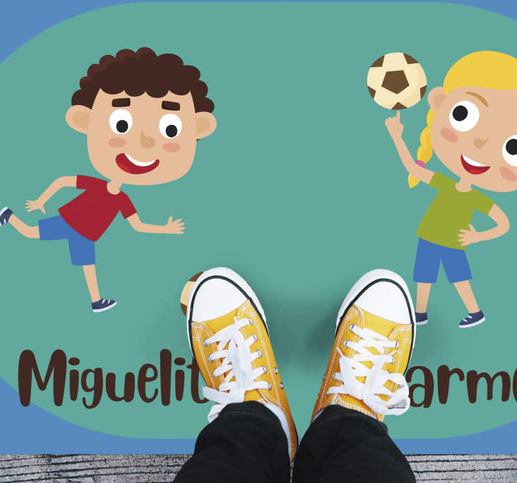 Children engaging in football with name kids vinyl carpet - TenStickers