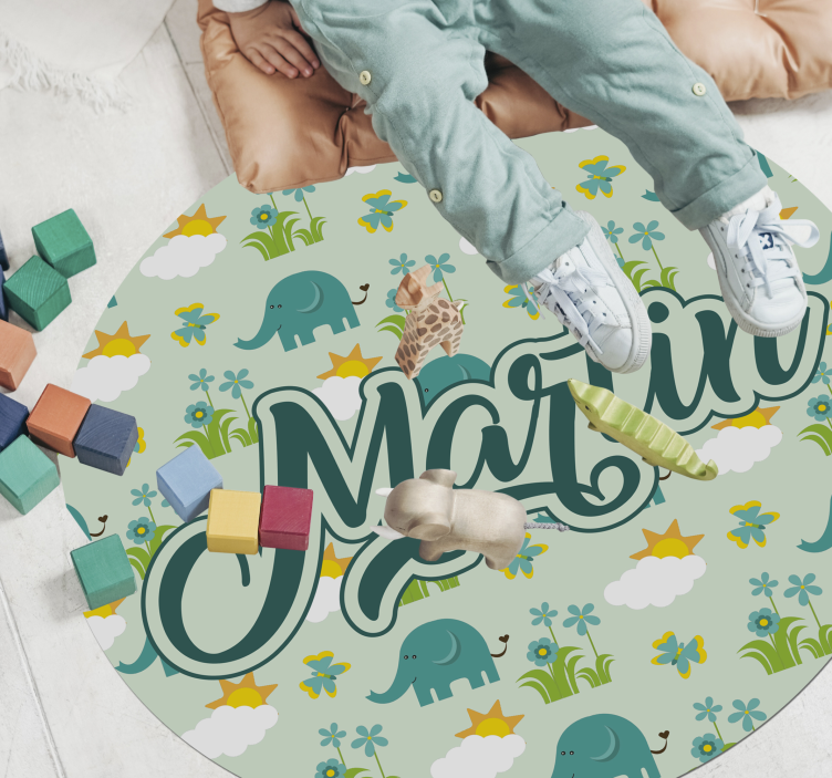 Elephants and flowers with name kids vinyl carpet - TenStickers
