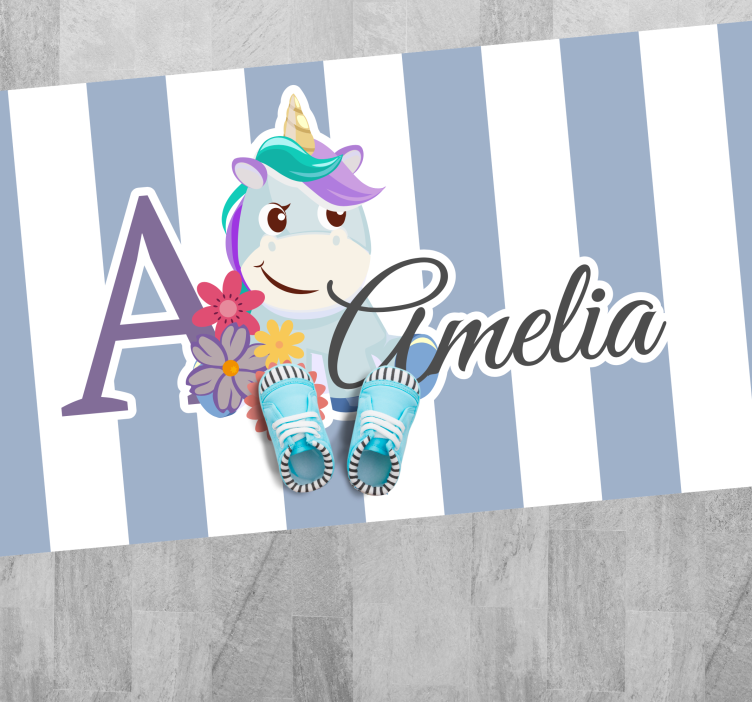 Striped unicorn with name kids vinyl carpet - TenStickers