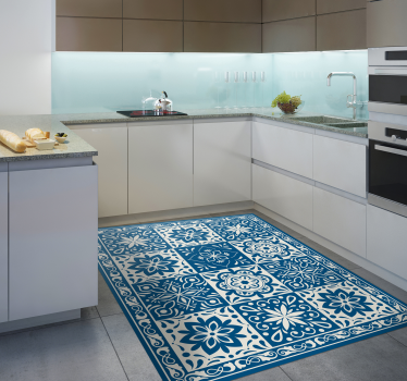 floral blue tiles vinyl kitchen rug - TenStickers