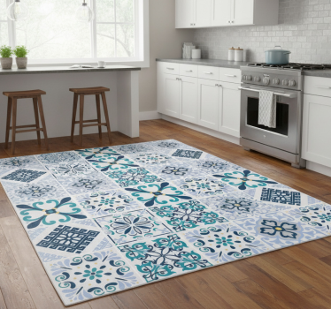 Kitchen vinyl carpet in blue flower tiles - TenStickers