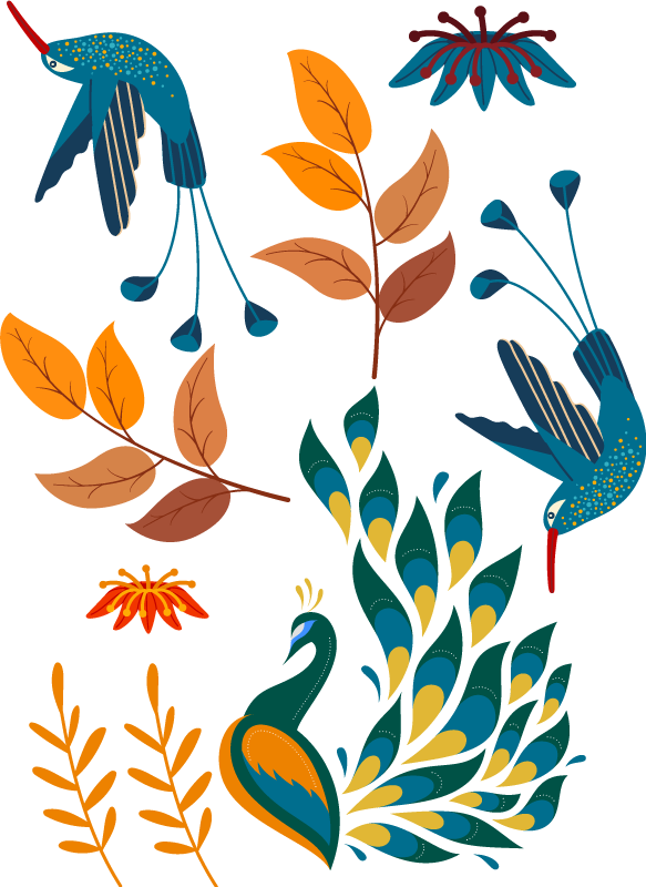 Animal vinyl carpet with tengango style birds and plants - TenStickers