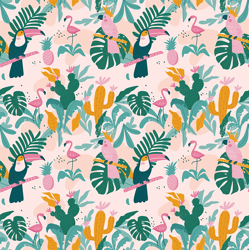 Animal vinyl carpet with tropical birds and leaves - TenStickers