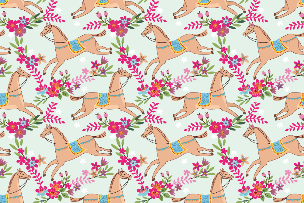 Animal vinyl carpet with pink floral horse design - TenStickers