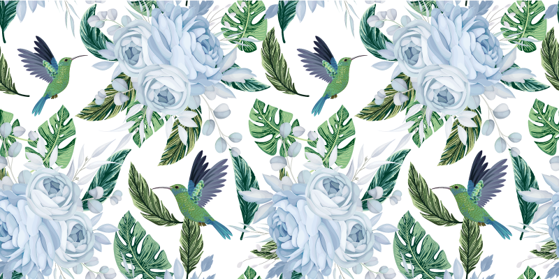 Flower rug featuring blue garden flowers with birds - TenStickers