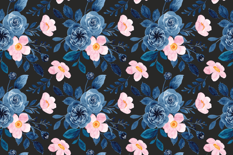 Floral vinyl carpet with blue and pink design on black - TenStickers