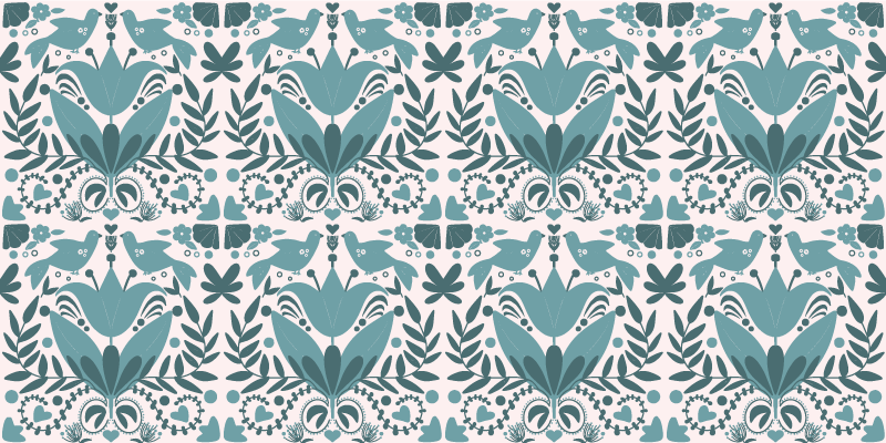 Floral vinyl carpet in blue folk art with birds - TenStickers