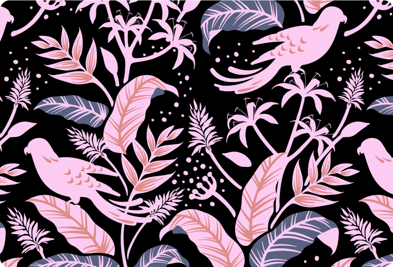 Floral vinyl carpet with black and pink birds on leaves - TenStickers