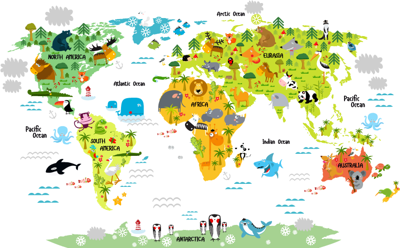 World map vinyl carpet with english wildlife design - TenStickers