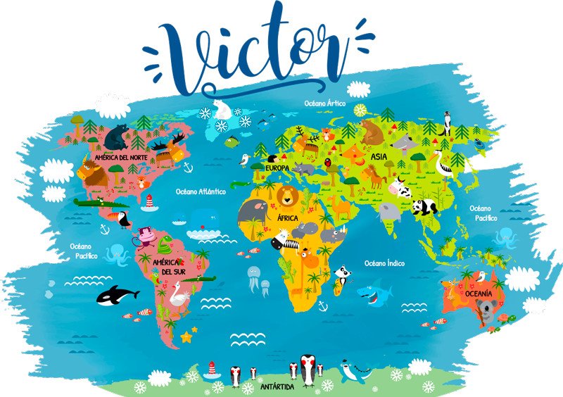 World map vinyl carpet with animal names in spanish - TenStickers