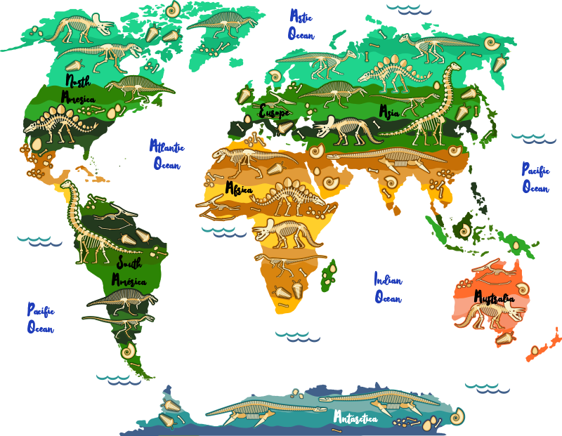 World map vinyl carpet with dinosaur names in english - TenStickers