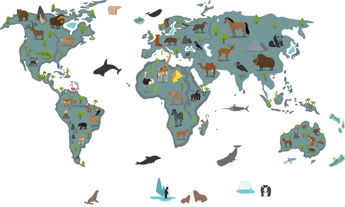 World map vinyl carpet with playful animals and trees - TenStickers