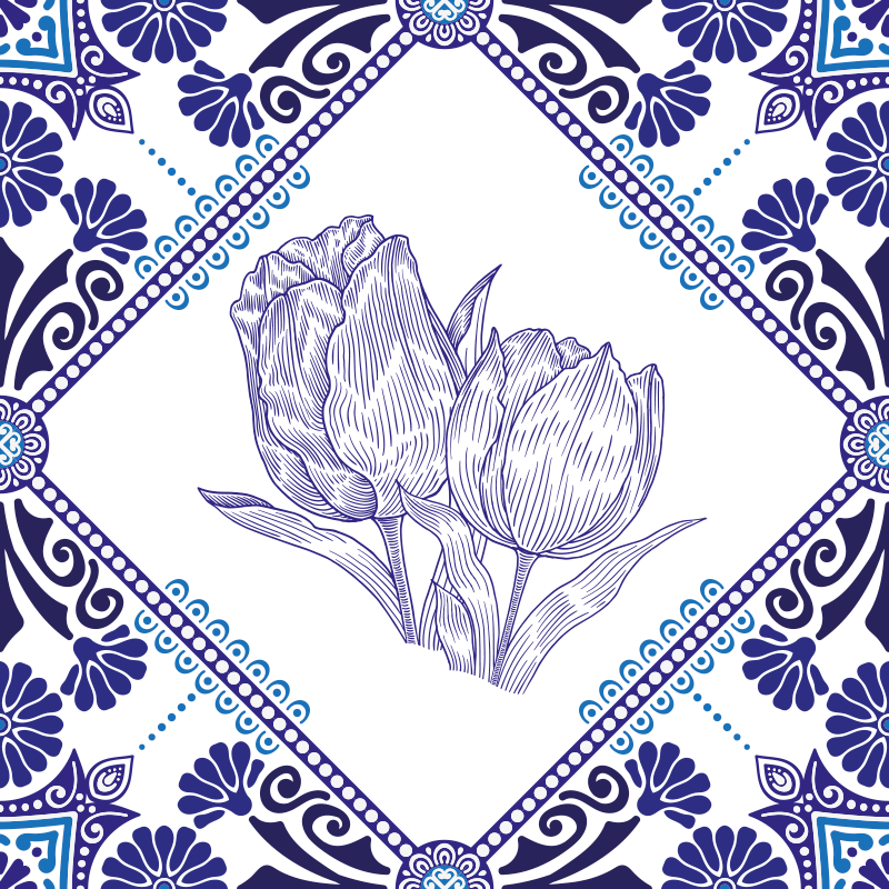 Kitchen vinyl carpet with delft blue tulips - TenStickers