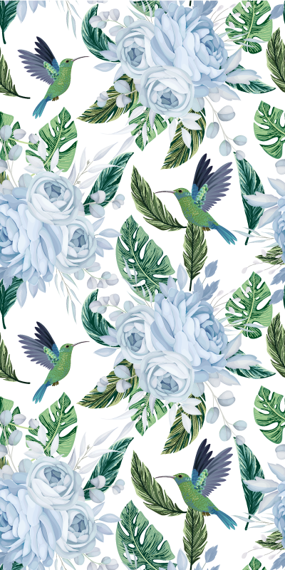 Kitchen vinyl carpet with blue garden flowers and birds - TenStickers