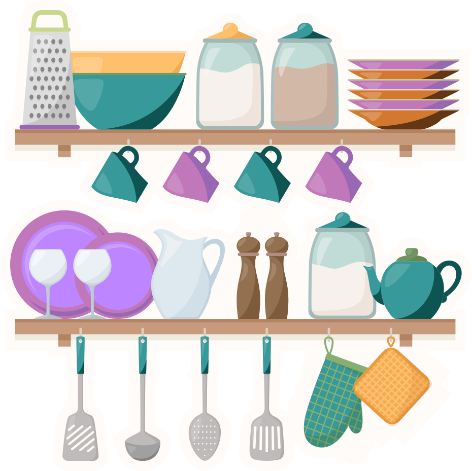 Kitchen vinyl carpet with cooking tools shelves - TenStickers