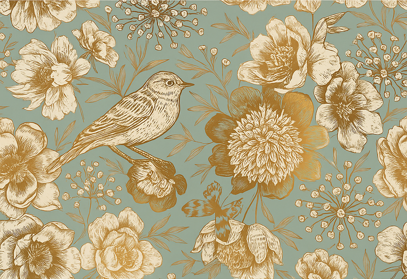 Bedroom vinyl carpet with grey background and gold flowers - TenStickers