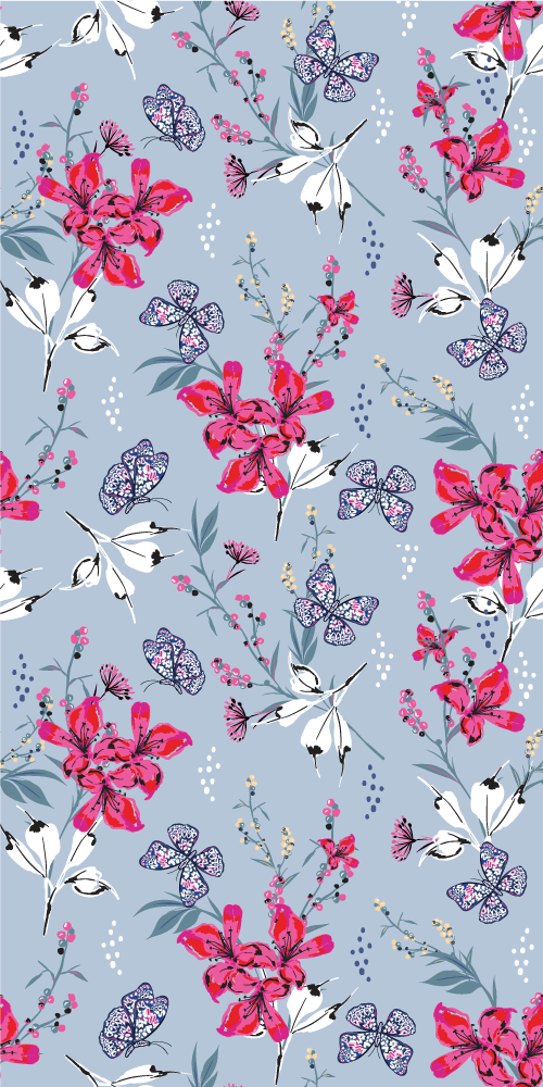 Nature vinyl carpet abstract red flowers and butterflies - TenStickers