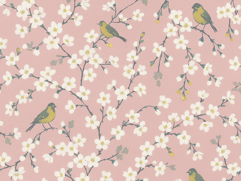 Nature vinyl carpet pink orchard birds - TenStickers