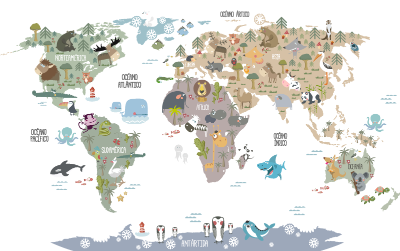 World map vinyl carpet pastel animal design - TenStickers