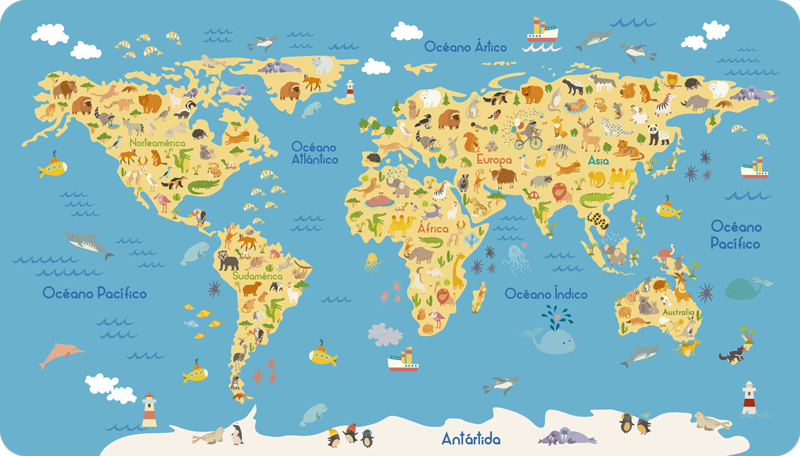 World map vinyl carpet with animal illustrations - TenStickers