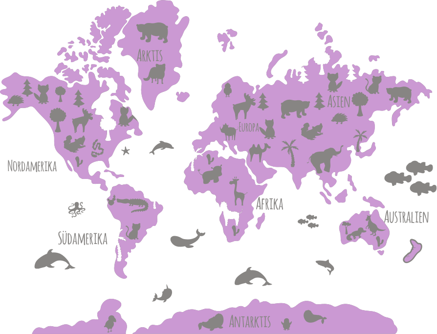 World map vinyl carpet in pink and grey animals - TenStickers