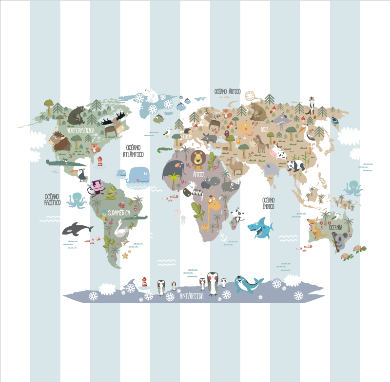 World map vinyl carpet featuring animal life - TenStickers